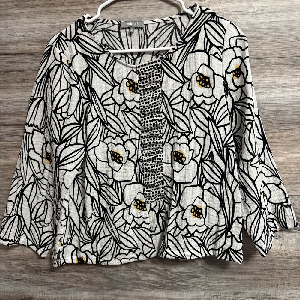 Habitat Gauze Wearable Art to Wear Black White Floral Blouse Shirt Top